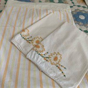SALE Vintage yellow embroidered flower pillowcases  flat sheet quilting material